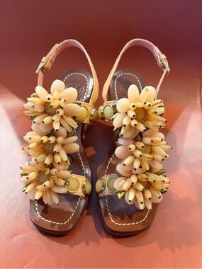 Tory Burch Peach Floral Beaded T-Strap Sandals